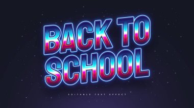 Renkli Retro Stili ile Parlayan Mavi Neon Efekti ile Okula Dönüş Metni. Düzenlenebilir Metin Biçimi Efekti