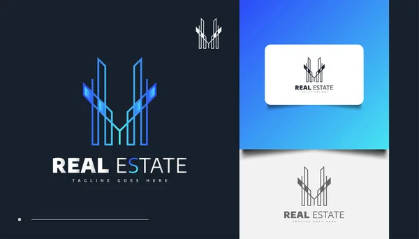 Abstract Futuristic Real Estate Logo Design Blue Line Style Construction — Stock Vector