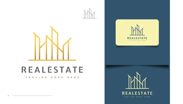 Gold Real Estate Logo Design Line Style Stavba Architektura Nebo — Stockový vektor