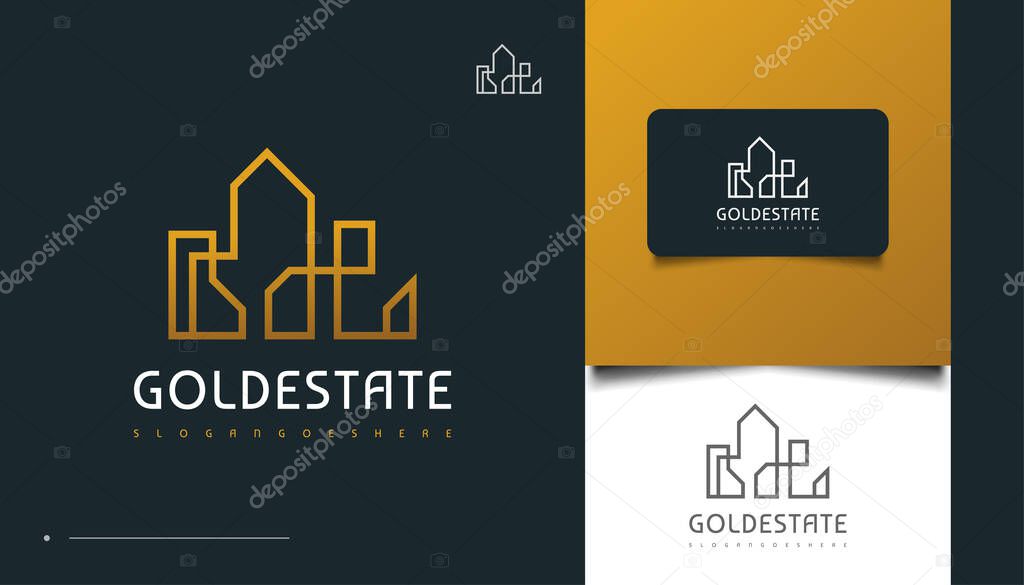 Elegant Gold Real Estate Logo Design with Line Style. Construction, Architecture or Building Logo Design