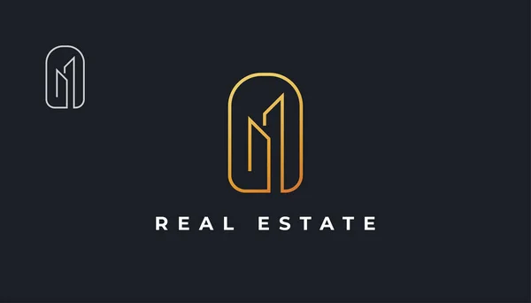 Minimalistický Gold Real Estate Logo Design Line Style Stavba Architektura — Stockový vektor