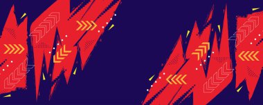 Kırmızı Enerji Zig Zag Şekilleriyle Dinamik Soyut Sancak Mavi Arkaplanda Sarı Ok Şekilleri ile Fırça Biçiminde. Spor, Yarış, Müzik, Dövüş Maçı ve Olay Sancağı veya Poster Tasarımı İçin