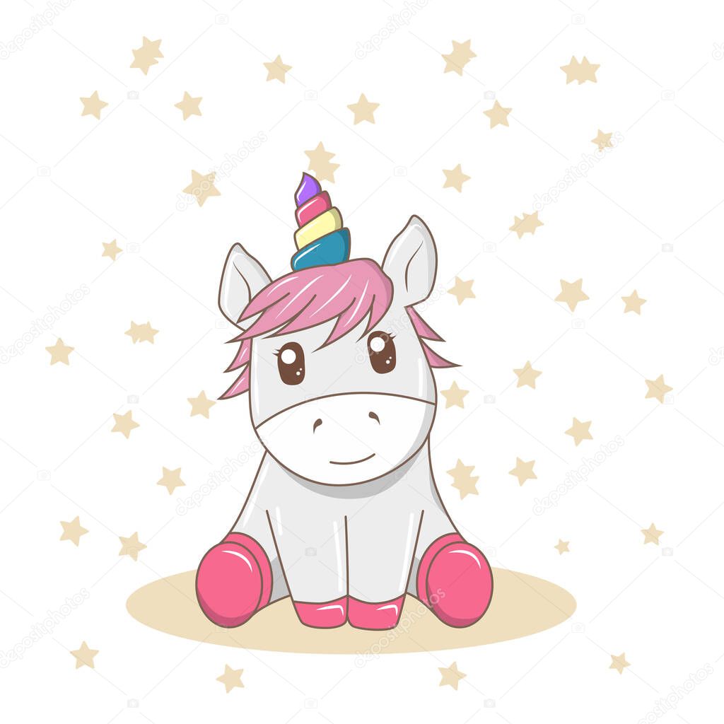 The little cute baby unicorn with stars on background .