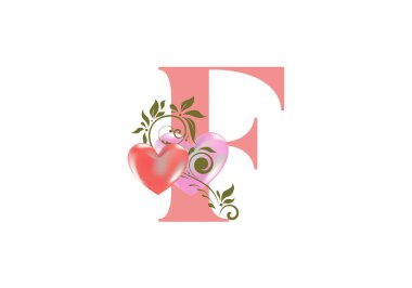 Çiçekli alfabe, iki kalpli F harfi. Düğün davetiyeleri için baş harfler, tebrik kartları vs. Sevgililer Günü konsepti 