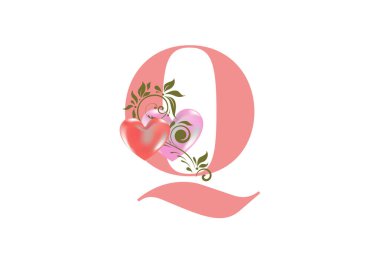 Çiçekli alfabe, Q harfi ve iki kalp. Düğün davetiyeleri için baş harfler, tebrik kartları vs. Sevgililer Günü konsepti 