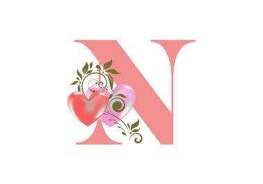 Çiçekli alfabe, N harfi, iki kalpli. Düğün davetiyeleri için baş harfler, tebrik kartları vs. Sevgililer Günü konsepti 