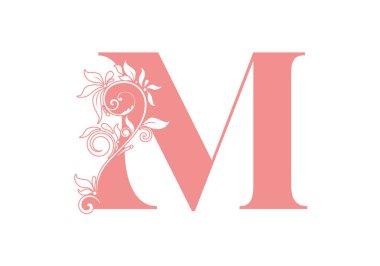 Monogram harfleri M. Floral alfabesi. Düğün davetiyeleri, tebrik kartları, logolar, posterler ve diğer tasarım için baş harfler mükemmel..