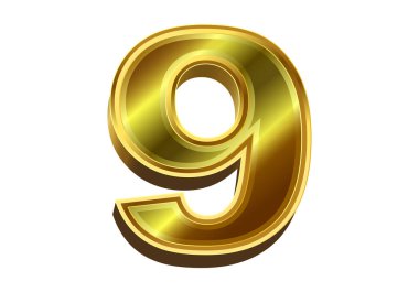 Beyaz arkaplanda izole edilmiş 3d altın numara 9