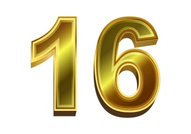 Beyaz arkaplanda izole edilmiş 3D altın numara 16