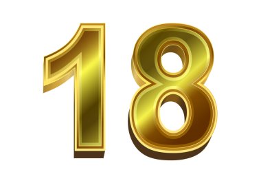 Beyaz arkaplanda izole edilmiş 3D altın numara 18
