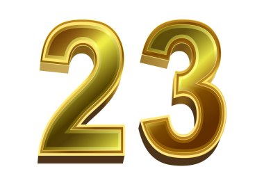 Beyaz arka planda izole edilmiş 3d altın numara 23