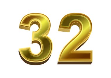 Beyaz arkaplanda 3D altın numara 32 izole edilmiş