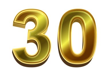 Beyaz arkaplanda izole edilmiş 3D altın numara 30