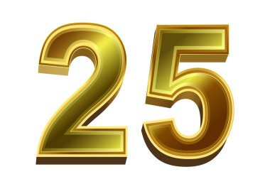 Beyaz arkaplanda izole edilmiş 3d altın sayı 25