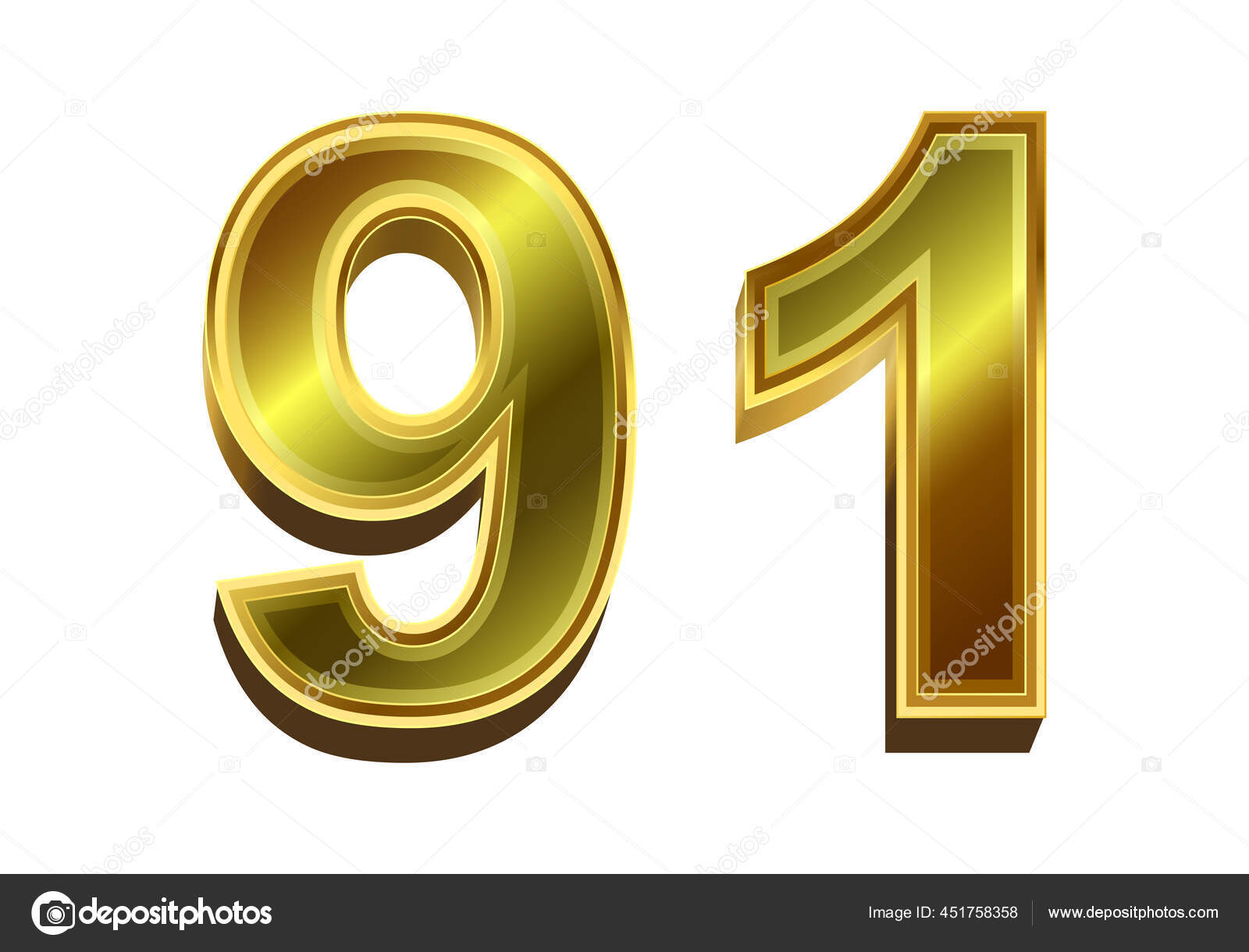 3D金色数字91 白色背景分离图库矢量图作者：© billah99 451758358