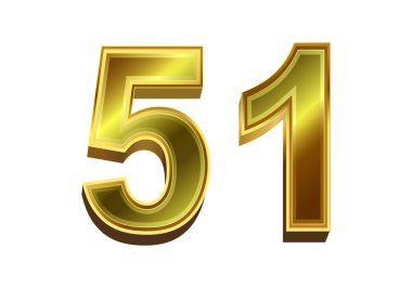 Beyaz arkaplanda 3D altın numara 51 izole