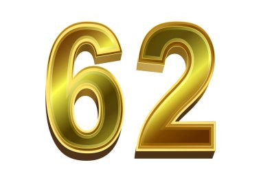Beyaz arka planda izole edilmiş 3D altın numara 62