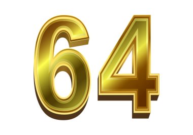 Beyaz arkaplanda 3d altın 64 numara izole