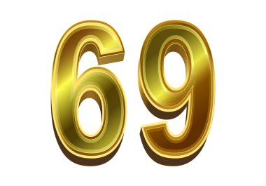 Beyaz arkaplanda 3D altın numara 69 izole