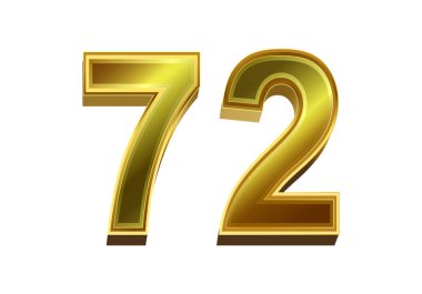 Beyaz arka planda izole edilmiş 3D altın sayı 72