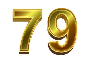 Beyaz arka planda izole edilmiş 3d altın sayı 79