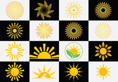 Güneş logosu koleksiyonu. Soyut güneş simgesi logo şablonu tasarımı.