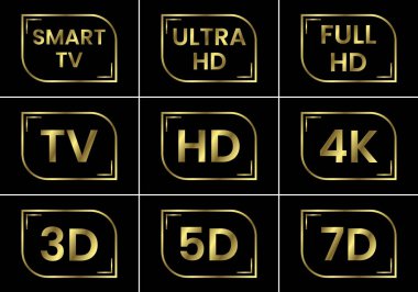 Altın TV ikonu seti. TV etiketleri HD 3D 5D 7D Smart TV Full HD 4K Ultra HD