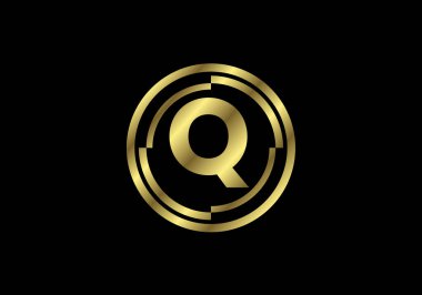 Altın yuvarlak çerçeveli Q harfleri. İngiliz alfabesi, vektör illüstrasyonu