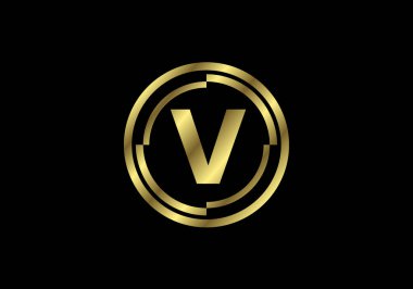 Altın yuvarlak çerçeveli V harfleri. İngiliz alfabesi, vektör illüstrasyonu