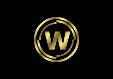 Altın yuvarlak çerçeveli W harfleri. İngiliz alfabesi, vektör illüstrasyonu