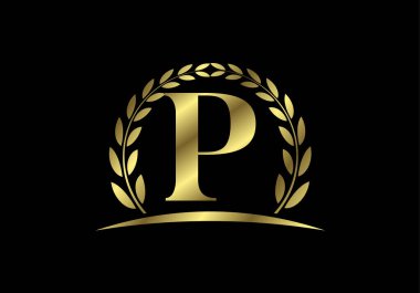 Altın harflerle P, altın defne çelengi. İngiliz alfabesi, vektör illüstrasyonu