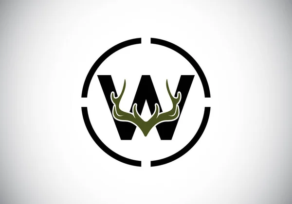 ターゲット形状 フラットスタイルのロゴデザインベクトルテンプレートで鹿の釣り人と手紙W 企業アイデンティティのための狩猟インスピレーションシンボル — ストックベクタ