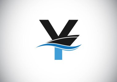 Büyük harf Y ile gemi, seyahat, veya tekne logosu tasarım şablonu, Yat simgesi sembolü ile okyanus dalgaları vektör çizimi