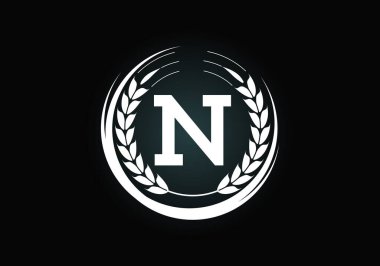 İlk harf N işareti buğday kulaklı çelenk. Organik buğday tarımı logosu tasarımı. Tarım logosu tasarım vektör şablonu.