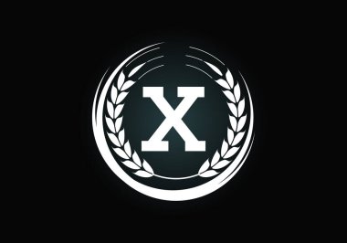 Baş harf X işareti buğday kulaklı çelenk. Organik buğday tarımı logosu tasarımı. Tarım logosu tasarım vektör şablonu.