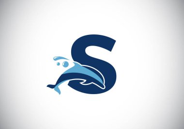 S harfinin baş harfleri alfabede Yunus logosu tasarımı. Su Hayvanları ikonu. Yazı tipi amblemi. İş ve şirket kimliği için modern vektör logosu.