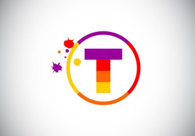T harfinin baş harfleri alfabede fırça izi olan bir daire şeklinde. Yazı tipi amblemi. Boyama işi ve şirket kimliği için modern vektör logosu tasarımı.