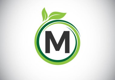 M harfinin baş harfleri yeşil yapraklı bir spiral şeklinde. Yazı tipi amblemi. Doğa simgesi işareti. İş sağlığı, doğa, çiftlik ve şirket kimliği için modern vektör logosu tasarımı.