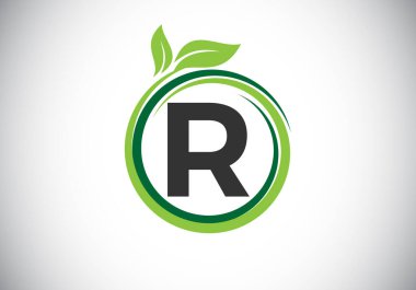 R harfinin baş harfleri yeşil yapraklı bir spiralde. Yazı tipi amblemi. Doğa simgesi işareti. İş sağlığı, doğa, çiftlik ve şirket kimliği için modern vektör logosu tasarımı.