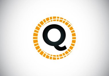 Soyut bir güneş patlaması çemberinde Q harfinin baş harfleri alfabesi. Yazı tipi amblemi. Güneş patlaması simgesi. İş ve şirket kimliği için modern vektör logosu tasarımı.