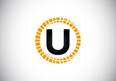 Soyut bir güneş patlaması çemberinde U harfinin baş harfi alfabesi. Yazı tipi amblemi. Güneş patlaması simgesi. İş ve şirket kimliği için modern vektör logosu tasarımı.