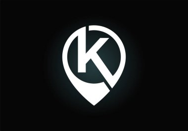 K harfinin baş harfleri alfabede konum simgesi simgesi işareti ile. Yazı tipi amblemi. Navigasyon haritası, GPS, yön, yer, pusula, temas, arama konsepti. İş ve şirket kimliği için modern vektör logosu tasarımı.