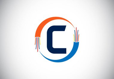 C harfinin baş harfli alfabesi. Elektrik kablosu, optik fiber kablo. Yazı tipi amblemi. Teknoloji etiketleri, elektrik işi ve şirket kimliği için modern vektör logosu tasarımı.