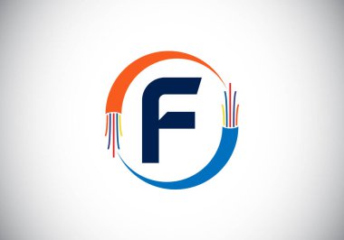 Baş harfleri F harfleri alfabesi, elektrik kablosu, optik fiber kablo. Yazı tipi amblemi. Teknoloji etiketleri, elektrik işi ve şirket kimliği için modern vektör logosu tasarımı.