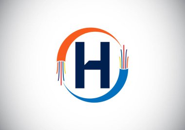H harfinin baş harfleri alfabede, elektrik teli, optik fiber kablo. Yazı tipi amblemi. Teknoloji etiketleri, elektrik işi ve şirket kimliği için modern vektör logosu tasarımı.