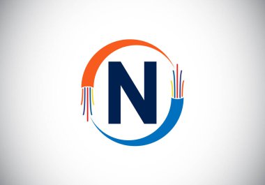Baş harfi N harfli alfabe, elektrik kablosu, optik fiber kablo. Yazı tipi amblemi. Teknoloji etiketleri, elektrik işi ve şirket kimliği için modern vektör logosu tasarımı.