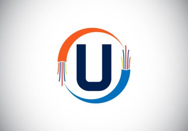 Elektrik teli ve optik fiber kabloyla ilk U harfli harfli alfabe. Yazı tipi amblemi. Teknoloji etiketleri, elektrik işi ve şirket kimliği için modern vektör logosu tasarımı.