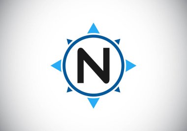 Bir pusula içinde baş harfi N monogram harf alfabesi. Yazı tipi amblemi. Pusula amblem işareti. İş ve şirket kimliği için modern vektör logosu tasarımı.