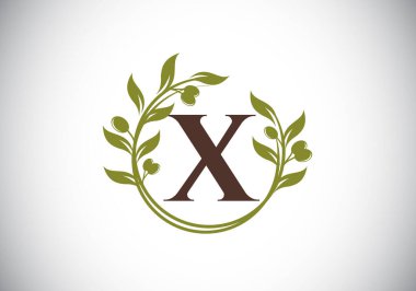 Zeytin dalı çelenkli X harfi işareti. Zeytin dalı tarafından yapılan yuvarlak çiçekli çerçeve. Tarım endüstrisi logo tasarım vektör şablonu. Zeytin yağı etiketi