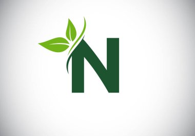İki yapraklı ilk N harfli alfabe. Yeşil, çevre dostu logo konsepti. Ekolojik iş ve şirket kimliği için modern vektör logosu